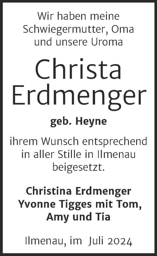 Traueranzeige von Christa Erdmenger von Mitteldeutsche Zeitung Mansfelder Land