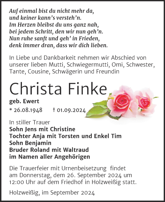 Traueranzeige von Christa Finke von Trauerkombi Bitterfeld