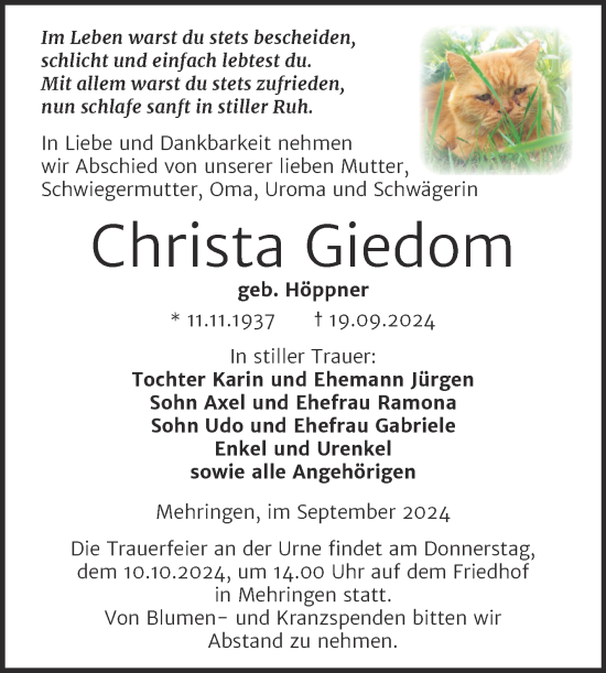 Traueranzeige von Christa Giedom von Trauerkombi Aschersleben