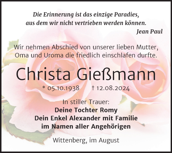 Traueranzeige von Christa Gießmann von Trauerkombi Wittenberg