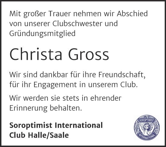Traueranzeige von Christa Gross von Mitteldeutsche Zeitung Halle/Saalkreis
