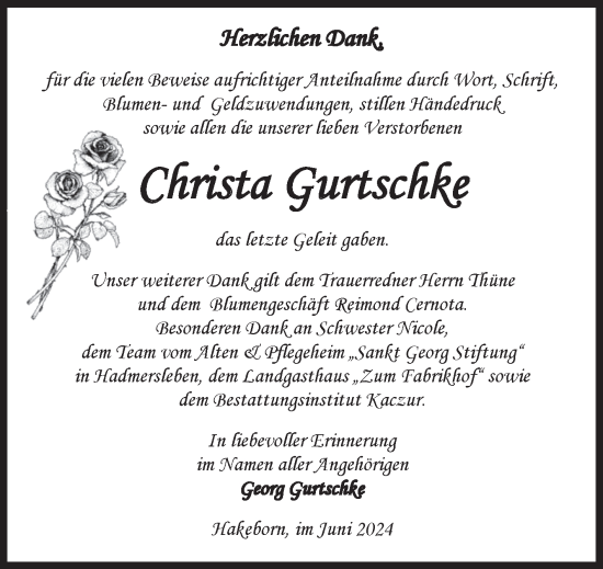 Traueranzeige von Christa Gurtschke von Volksstimme Staßfurt