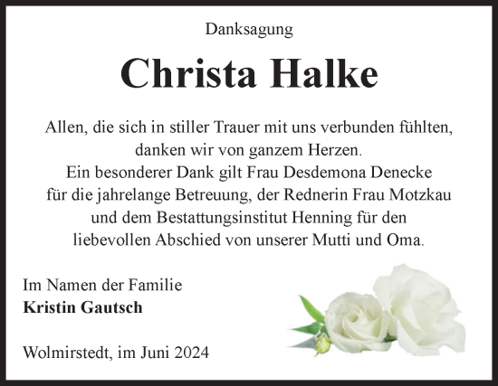 Traueranzeige von Christa Halke von Volksstimme Haldensleben/Wolmirstedt