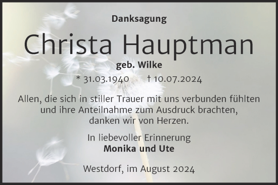 Traueranzeige von Christa Hauptman von Trauerkombi Aschersleben