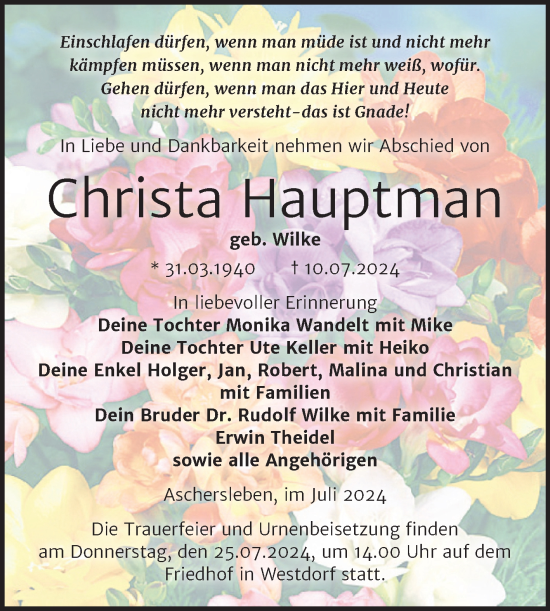 Traueranzeige von Christa Hauptman von Trauerkombi Aschersleben