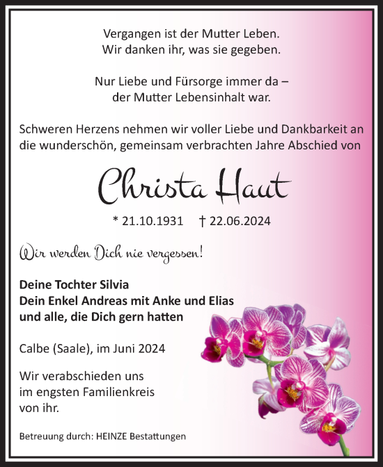 Traueranzeige von Christa Haut von Volksstimme Schönebeck