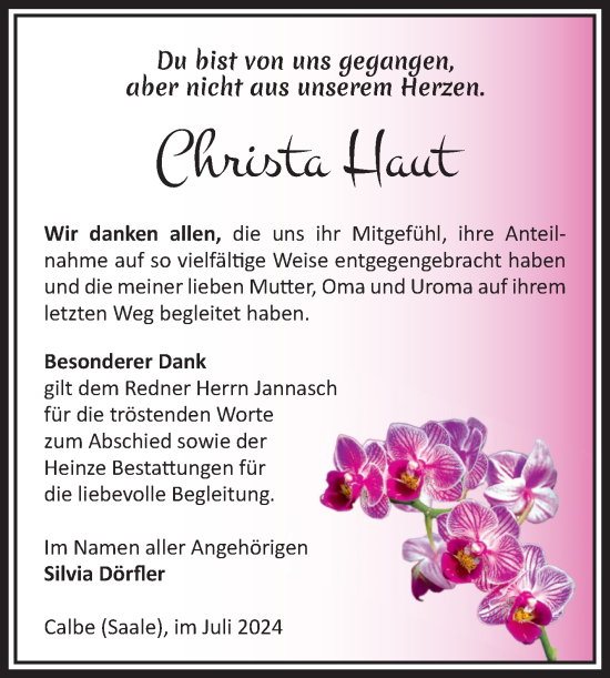 Traueranzeige von Christa Haut von Volksstimme Schönebeck