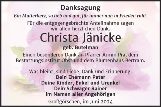 Traueranzeige von Christa Jänicke von Trauerkombi Weißenfels