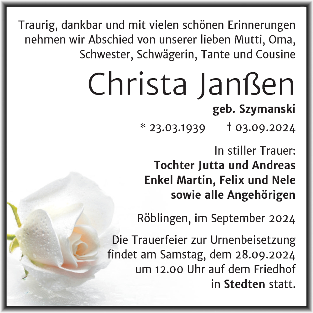  Traueranzeige für Christa Janßen vom 07.09.2024 aus Trauerkombi Mansfelder Land