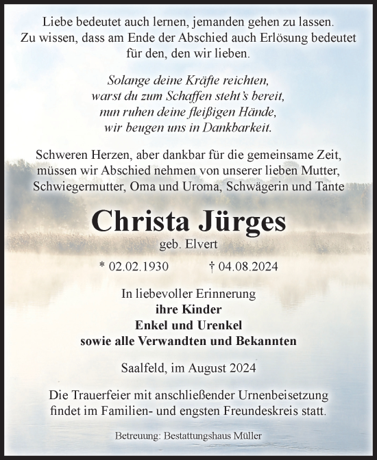 Traueranzeige von Christa Jürges von Volksstimme Altmark West