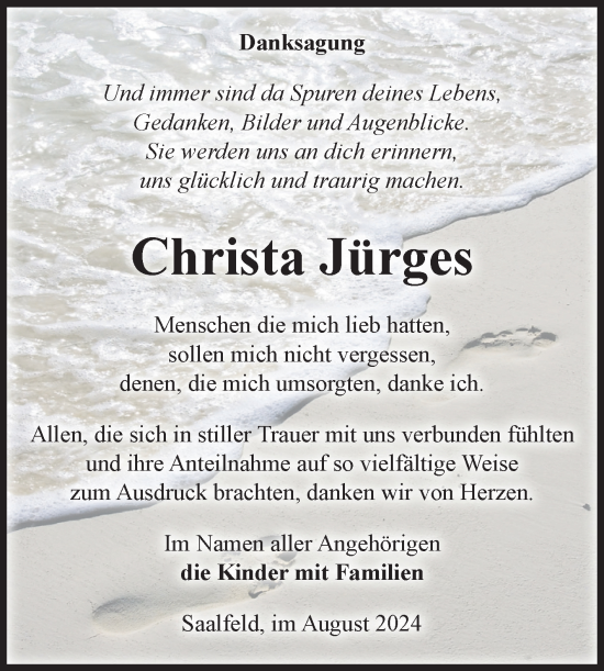 Traueranzeige von Christa Jürges von Volksstimme Altmark West