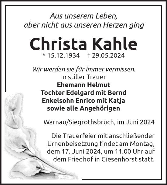 Traueranzeige von Christa Kahle von Volksstimme Altmark Ost