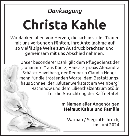 Traueranzeige von Christa Kahle von Volksstimme Altmark Ost