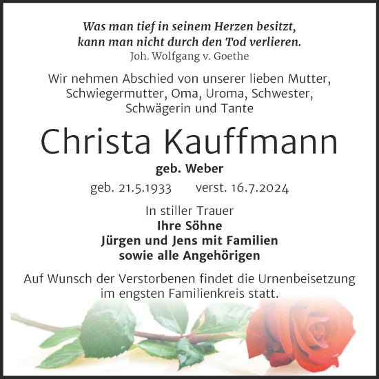 Traueranzeige von Christa Kauffmann von Trauerkombi Köthen