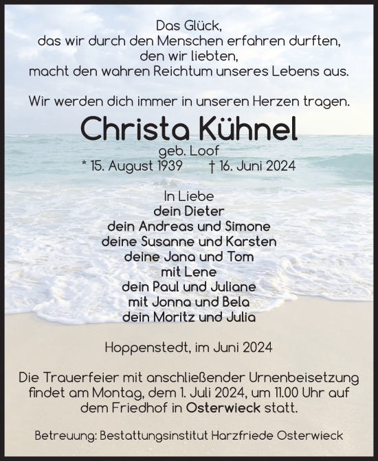 Traueranzeige von Christa Kühnel von Volksstimme Halberstadt