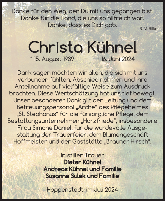 Traueranzeige von Christa Kühnel von Volksstimme Halberstadt