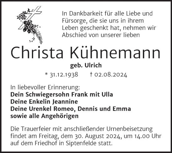 Traueranzeige von Christa Kühnemann von Trauerkombi Quedlinburg