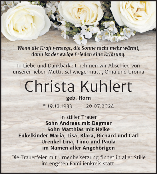 Traueranzeige von Christa Kuhlert von Trauerkombi Weißenfels