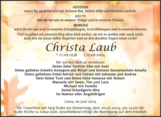 Traueranzeige von Christa Laub von Naumburger Tageblatt