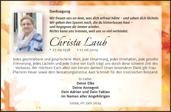 Traueranzeige von Christa Laub von Naumburger Tageblatt