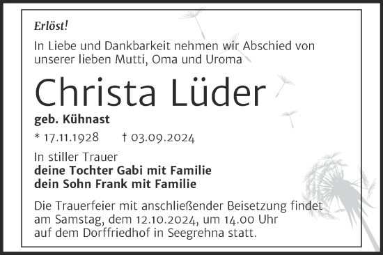 Traueranzeige von Christa Lüder von Trauerkombi Wittenberg