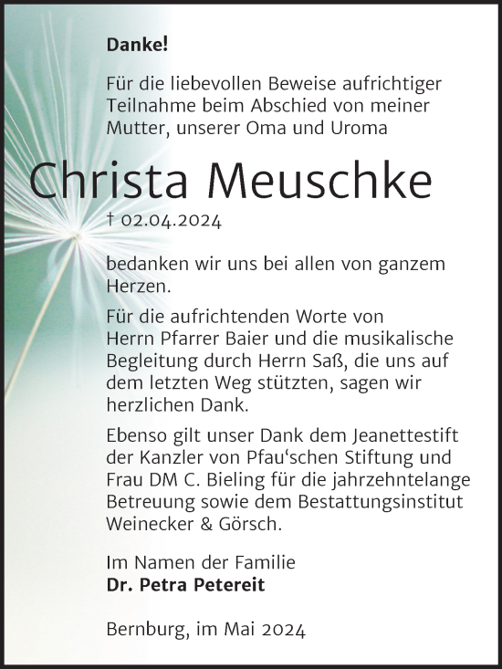 Traueranzeige von Christa Meuschke von Trauerkombi Bernburg