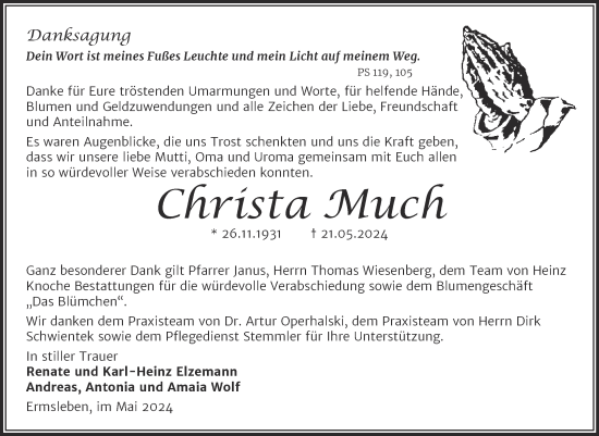 Traueranzeige von Christa Much von Trauerkombi Aschersleben