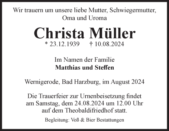Traueranzeige von Christa Müller von Volksstimme Wernigerode