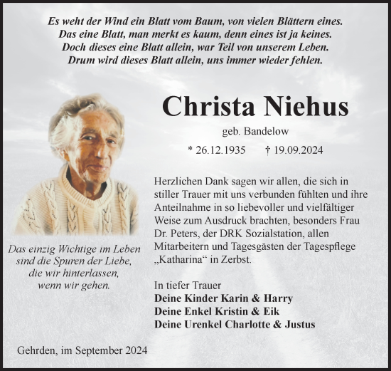 Traueranzeige von Christa Niehus von Volksstimme Zerbst
