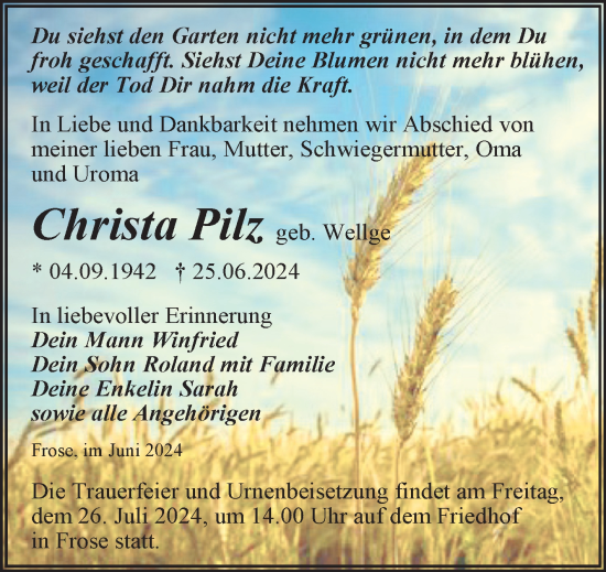 Traueranzeige von Christa Pilz von Trauerkombi Aschersleben
