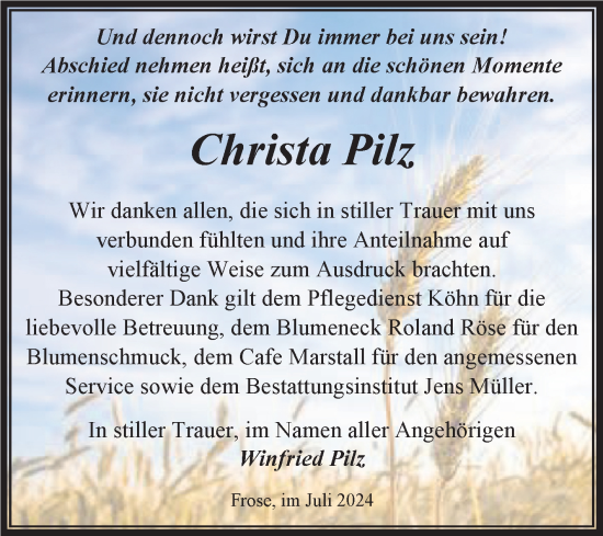 Traueranzeige von Christa Pilz von Trauerkombi Aschersleben