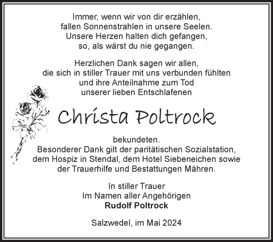 Traueranzeige von Christa Poltrock von Volksstimme Altmark West