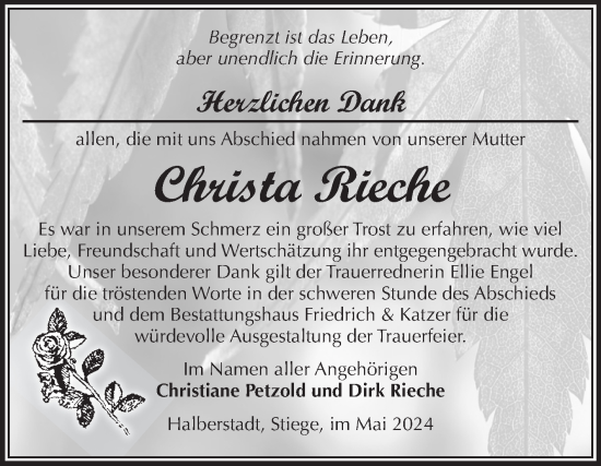 Traueranzeige von Christa Rieche von Volksstimme Wernigerode