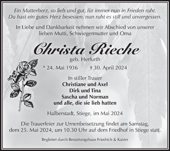 Traueranzeige von Christa Rieche von Volksstimme Wernigerode