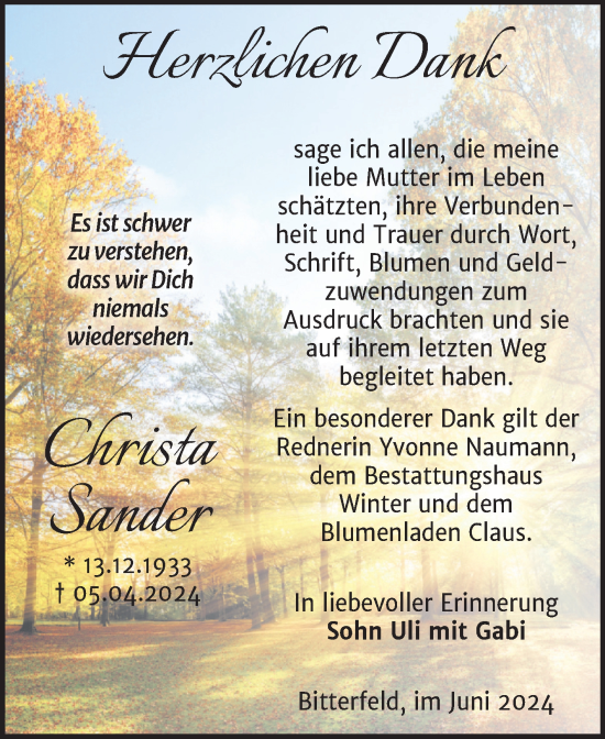Traueranzeige von Christa Sander von Trauerkombi Bitterfeld