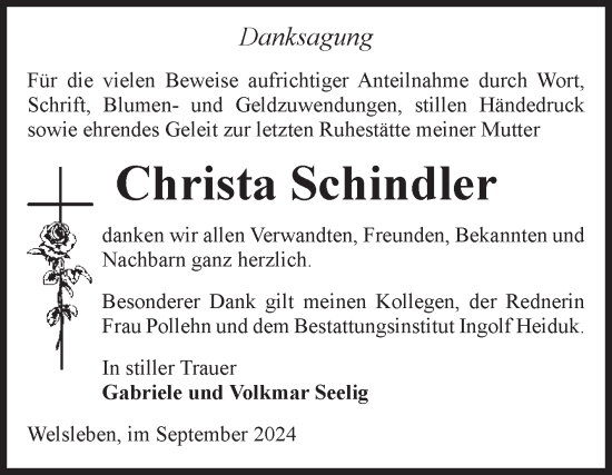 Traueranzeige von Christa Schindler von Volksstimme Schönebeck