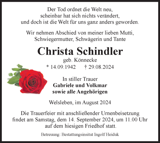 Traueranzeige von Christa Schindler von Volksstimme Schönebeck