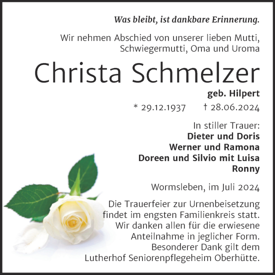 Traueranzeige von Christa Schmelzer von Trauerkombi Mansfelder Land