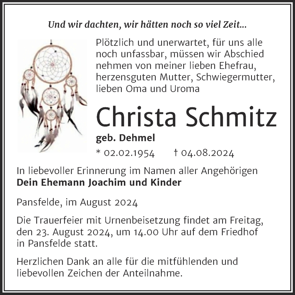  Traueranzeige für Christa Schmitz vom 10.08.2024 aus Trauerkombi Quedlinburg