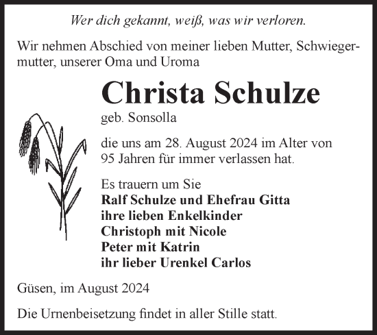 Traueranzeige von Christa Schulze von Volksstimme Burg/Genthin