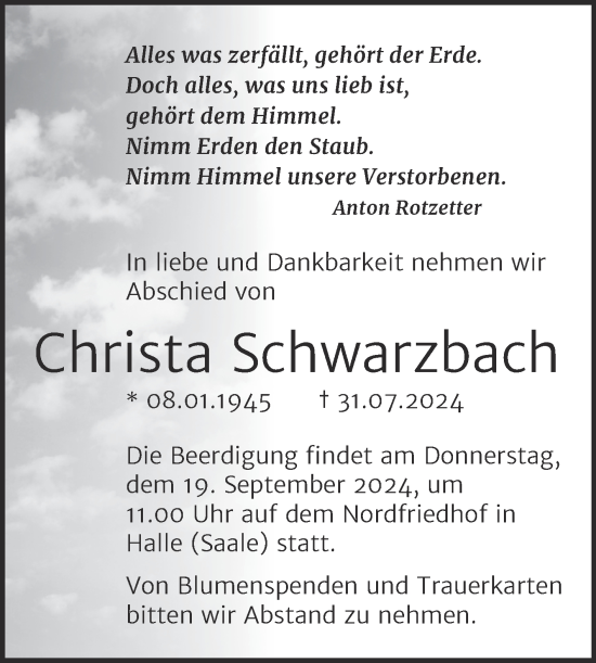 Traueranzeige von Christa Schwarzbach von Mitteldeutsche Zeitung Halle/Saalkreis