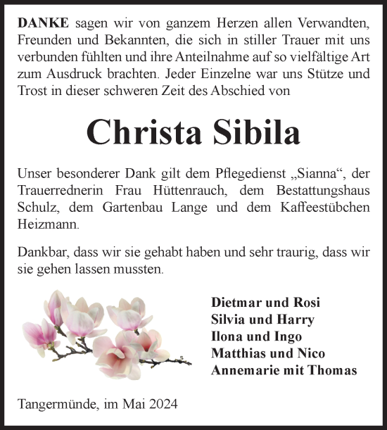 Traueranzeige von Christa Sibila von Volksstimme Altmark Ost