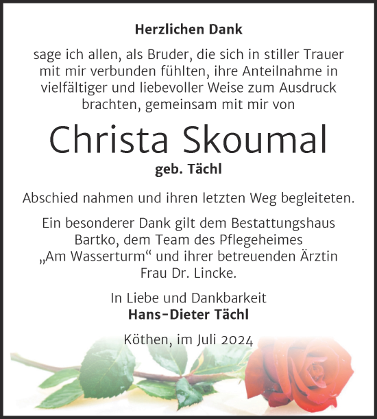 Traueranzeige von Christa Skoumal von Trauerkombi Köthen