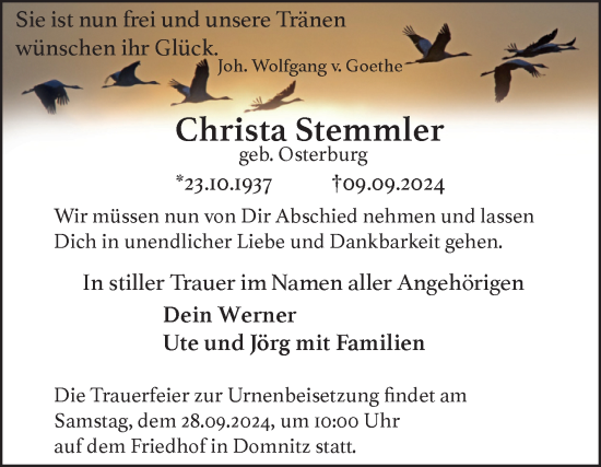 Traueranzeige von Christa Stemmler von Mitteldeutsche Zeitung Halle/Saalkreis