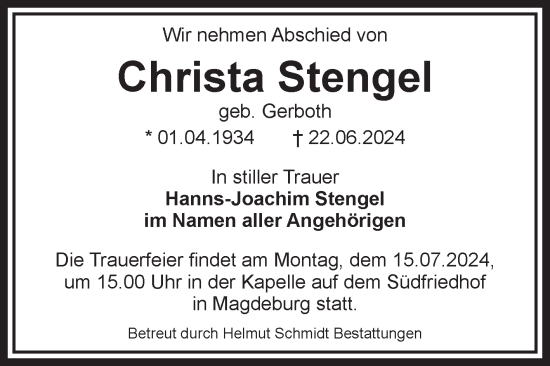 Traueranzeige von Christa Stengel von Volksstimme Magdeburg