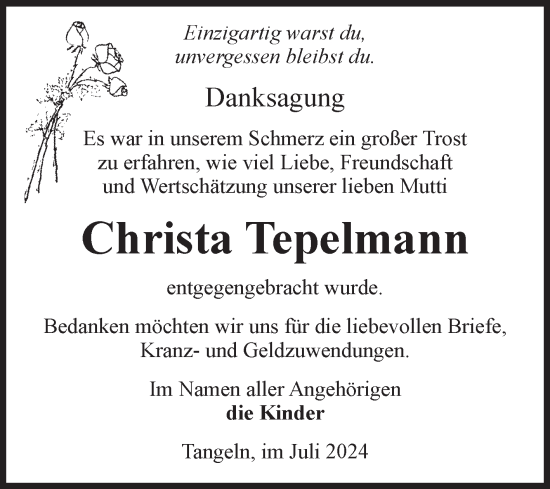 Traueranzeige von Christa Tepelmann von Volksstimme Altmark West