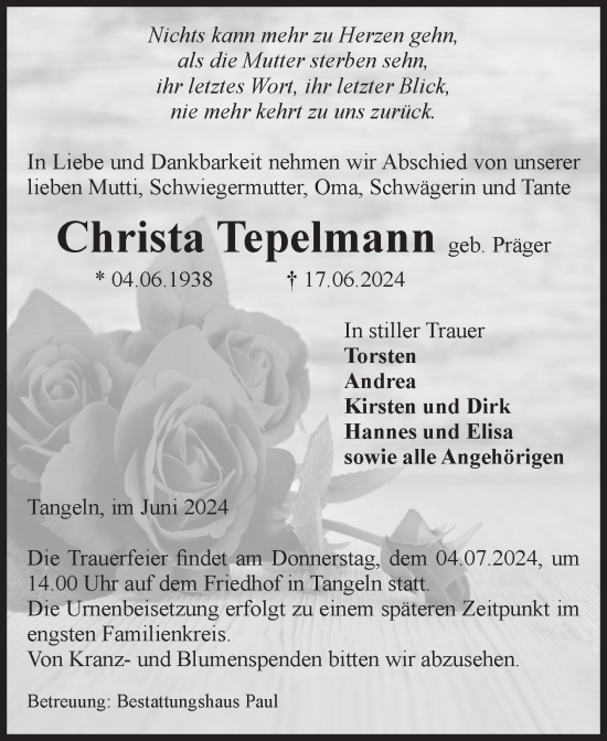 Traueranzeige von Christa Tepelmann von Volksstimme Altmark West