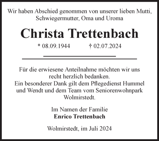 Traueranzeige von Christa Trettenbach von Volksstimme Haldensleben/Wolmirstedt