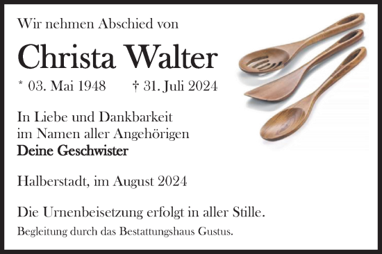 Traueranzeige von Christa Walter von Volksstimme Halberstadt