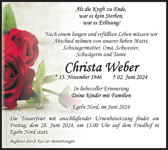 Traueranzeige von Christa Weber von Volksstimme Staßfurt